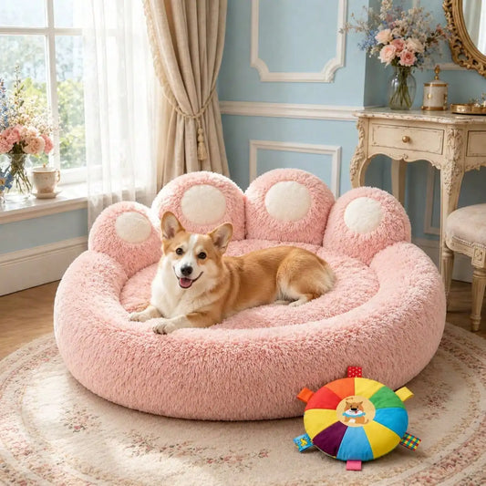 Calming Bear Paw Dog Bed Fluffy Anti Anxiety Donut Nest