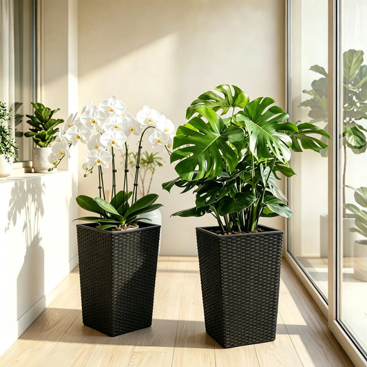 HiMISS Two Piece Self Watering Rattan Planter Set With Window