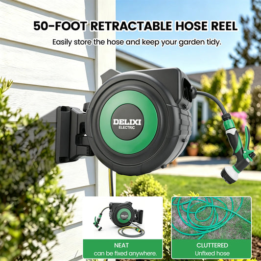Extended Wall Mounted Garden Hose Reel Featuring Automatic Drain Capabilities