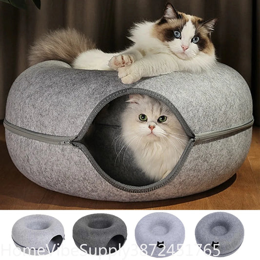 Round Felt Cat Tunnel Nest With Interactive Donut Scratching Bed