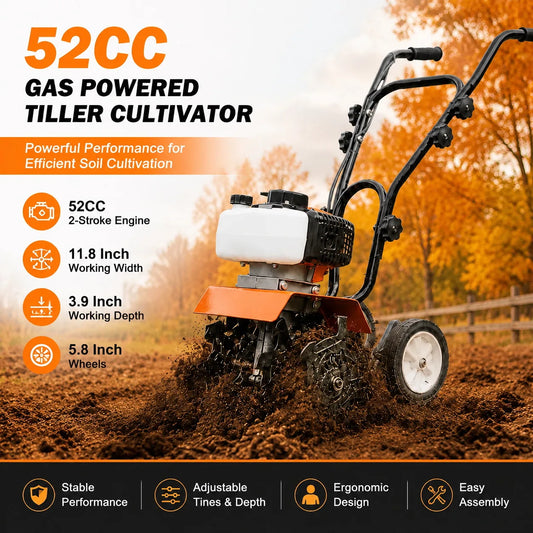 52cc Gas Powered Garden Tiller Cultivator With Adjustable Steel Tines