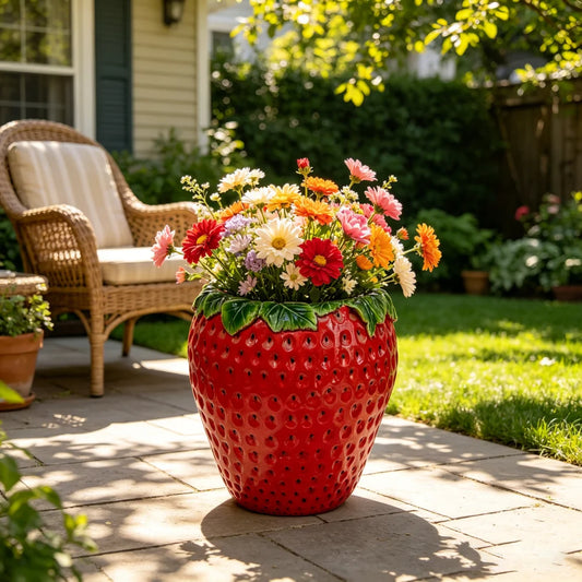 Strawberry Shaped Planter Pot Weather Resistant Garden Decor